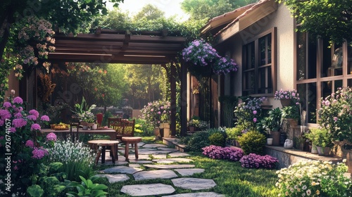 A garden with a patio and flowers in the back, AI