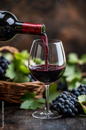 Pouring red wine into a glass beside fresh grapes and autumn leaves