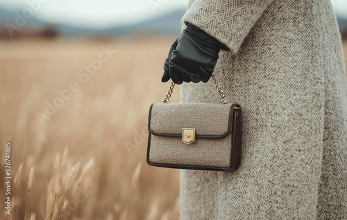 Elegant hand holding a stylish clutch in a grassy field during autumn