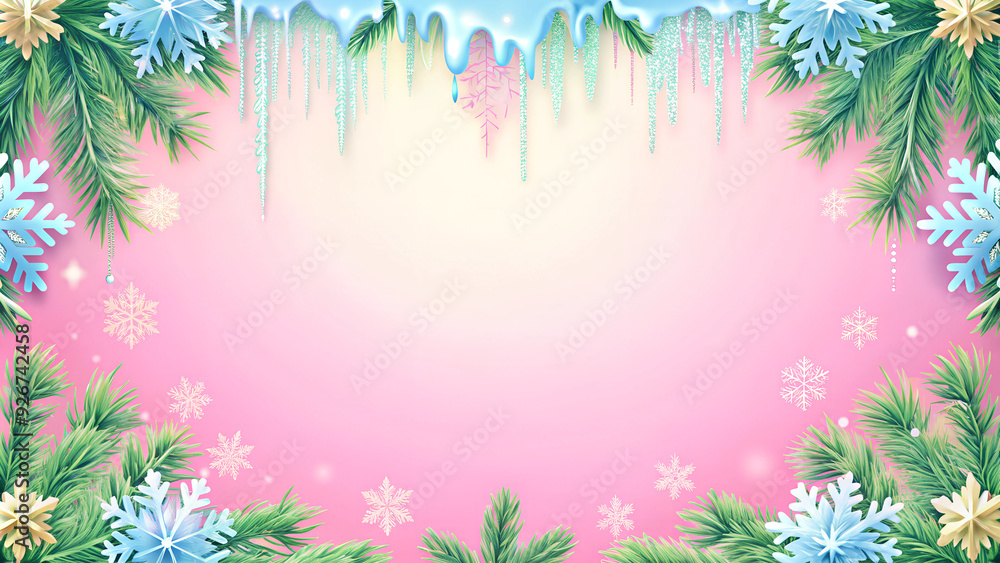Icy Christmas Frame with Snowflakes and Pine Branches on Pink Background with Copy Space Icy Christmas Frame with Snowflakes and Pine Branches on Pink Background with Copy Space