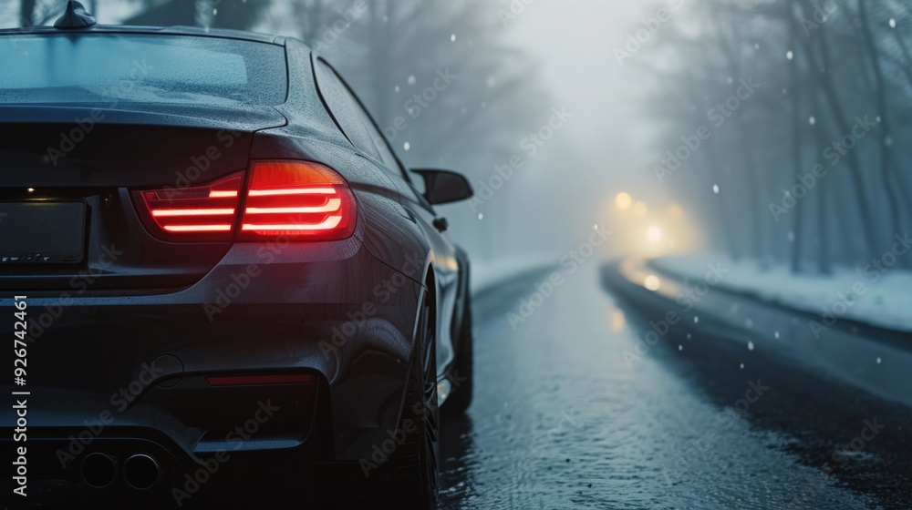 Modern car on the road with slight fog. Modern car on the road with slight fog.