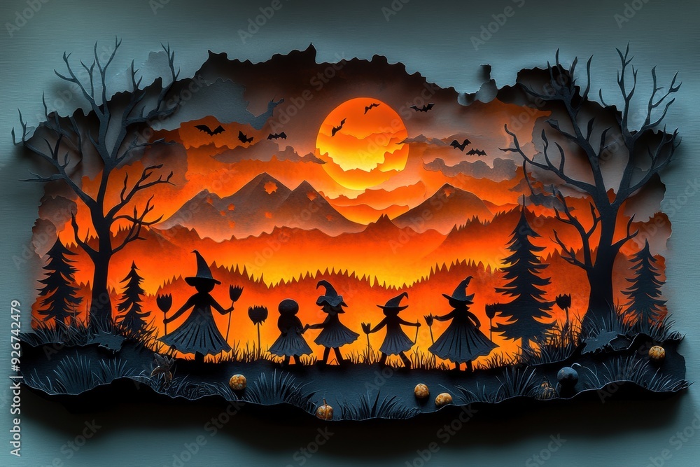 Halloween Paper Cutting Scene with Trick-or-Treaters and Candy Halloween Paper Cutting Scene with Trick-or-Treaters and Candy
