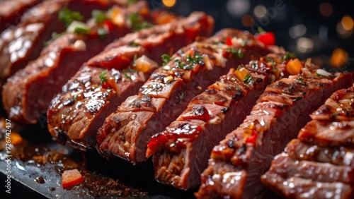 Tender and juicy meat with spices cooked on the grill.