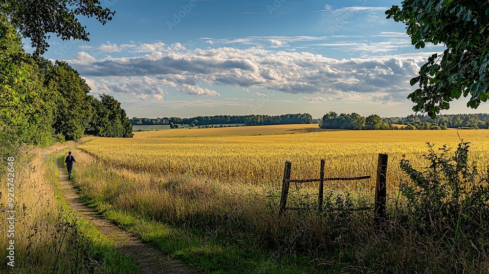 Fototapeta premium A peaceful rural scene with a person walking through a field, designed to have a lot of open space for text or other visuals. High resolution 8K