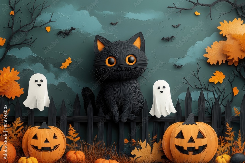 Paper Art Black Cat on Fence with Pumpkin and Ghost Paper Art Black Cat on Fence with Pumpkin and Ghost