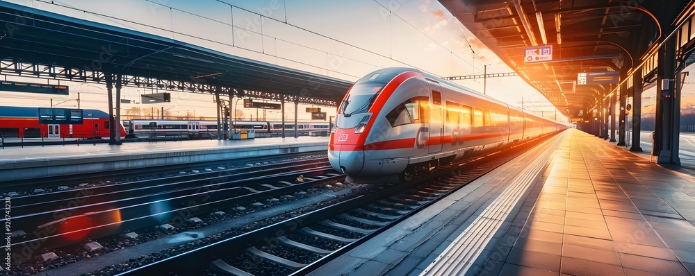 Modern High-Speed Train Arriving at Station Platform at Sunset Modern High-Speed Train Arriving at Station Platform at Sunset