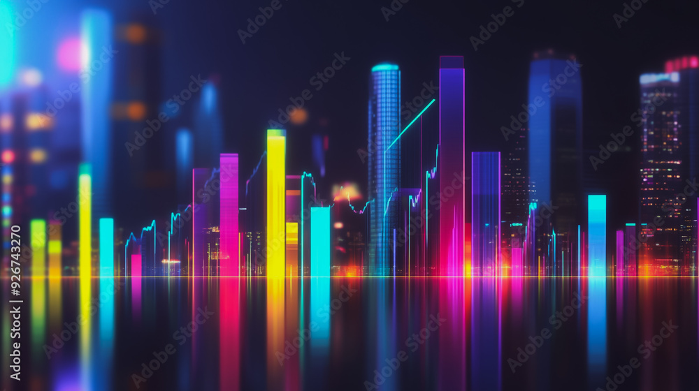 Abstract with pastel colorful charts and graphs with statistics to analyze business potential and forecast future development of companies growth. with city skyline and modern building background Abstract with pastel colorful charts and graphs with statistics to analyze business potential and forecast future development of companies growth. with city skyline and modern building background