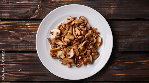 Delicious sautéed sliced mushrooms on a rustic wooden table, served on a white plate