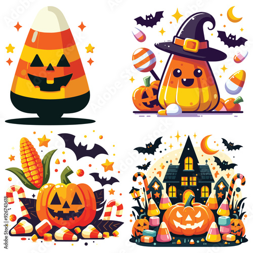 Cute Halloween candy corn icons with pumpkins and bats on white background, festive decoration