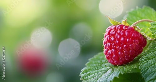 Ripe raspberry on green leaf in a lush garden during a sunny afternoon