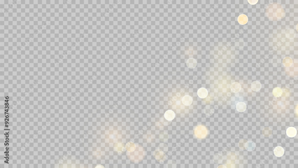 Golden dust light png. Christmas glowing bokeh confetti and sparkle overlay texture for your design. Stock royalty free vector illustration. PNG	