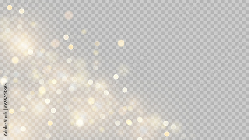 Golden dust light png. Christmas glowing bokeh confetti and sparkle overlay texture for your design. Stock royalty free vector illustration. PNG	