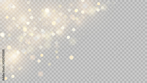 Golden dust light png. Christmas glowing bokeh confetti and sparkle overlay texture for your design. Stock royalty free vector illustration. PNG	