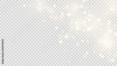 Golden dust light png. Christmas glowing bokeh confetti and sparkle overlay texture for your design. Stock royalty free vector illustration. PNG	