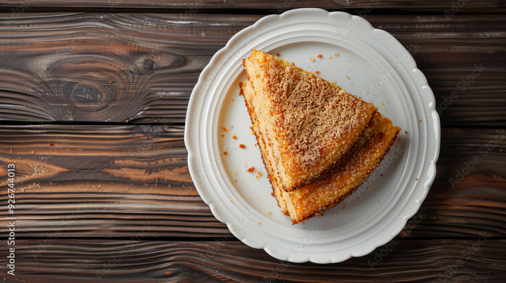 Two slices of delicious homemade pie with brown sugar topping, served on a white plate on a rustic wooden table Two slices of delicious homemade pie with brown sugar topping, served on a white plate on a rustic wooden table