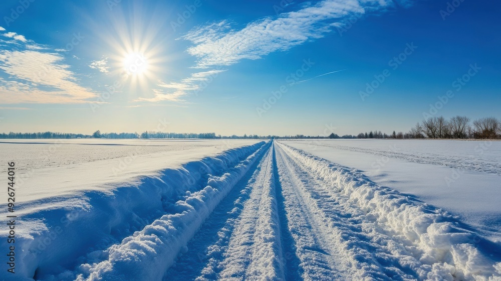 A snow covered road with a bright sun shining through the clouds, AI A snow covered road with a bright sun shining through the clouds, AI
