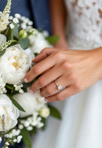 Bride holding a floral bouquet with peonies and a sparkling engagement ring d...