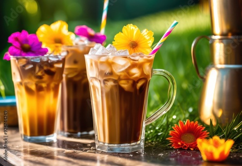 refreshing iced coffee vibrant summer vibes bright outdoor setting featuring colorful accessories sunlight, beverage, drink, barista, cafe, mug, glass, straw