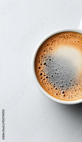 Hot coffee in a white cup with coffee beans floating on the surface