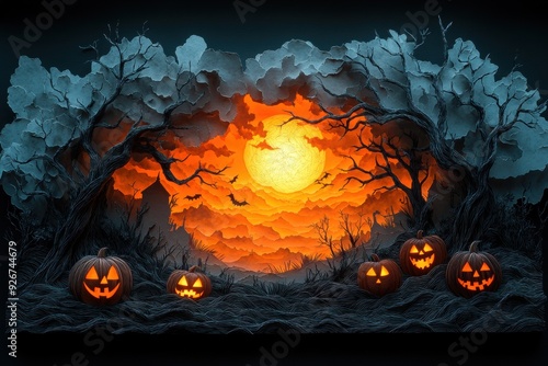 Intricate Paper Cutting of Creepy Forest with Twisted Trees and Glowing Jack-o'-Lanterns