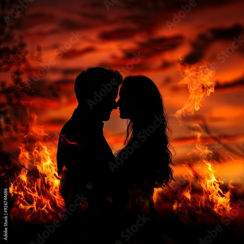 Couple in love at a fiery sunset.Silhouette photo