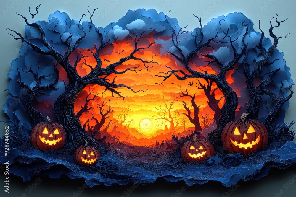 Intricate Paper Cutting of Creepy Forest with Twisted Trees and Glowing Jack-o'-Lanterns Intricate Paper Cutting of Creepy Forest with Twisted Trees and Glowing Jack-o'-Lanterns