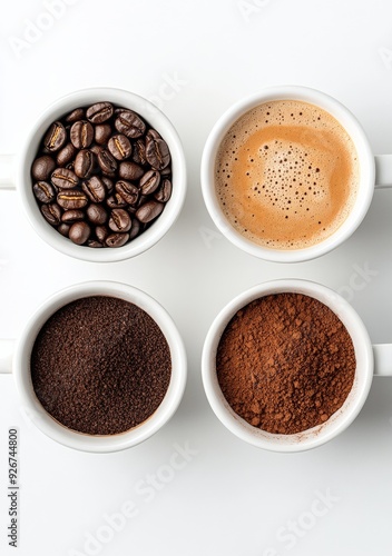 Various coffee beans and ground coffee displayed in bowls on a light background