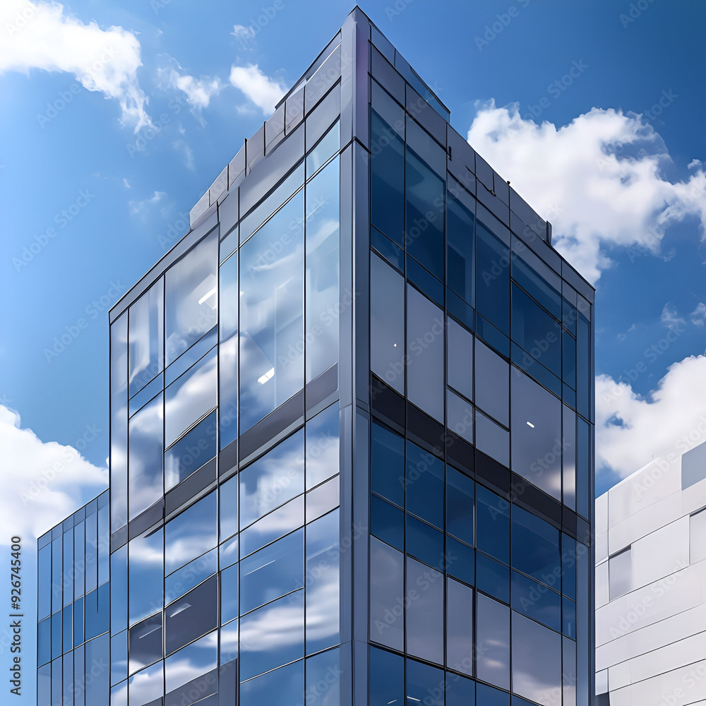 A modern office building exterior with glass windows reflecting the sky. A modern office building exterior with glass windows reflecting the sky.