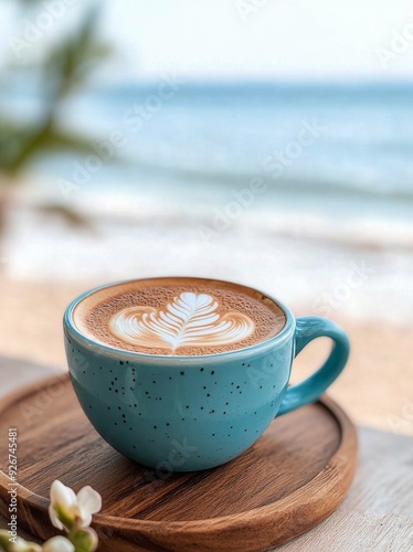 Coffee cup with latte art on wooden board by the beach during sunny weather