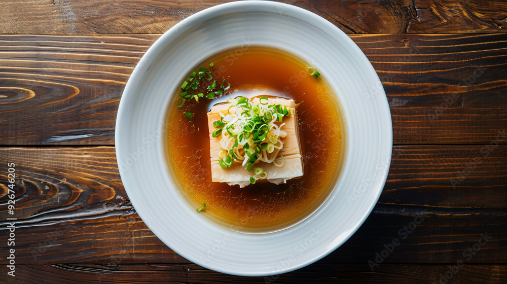 Savory tofu and green onion soup in a white bowl, set on a rustic wooden table Savory tofu and green onion soup in a white bowl, set on a rustic wooden table