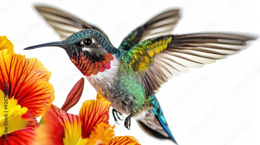 Fototapeta premium A hummingbird with colorful flowers, intricate details, hyperrealism, isolated on white background