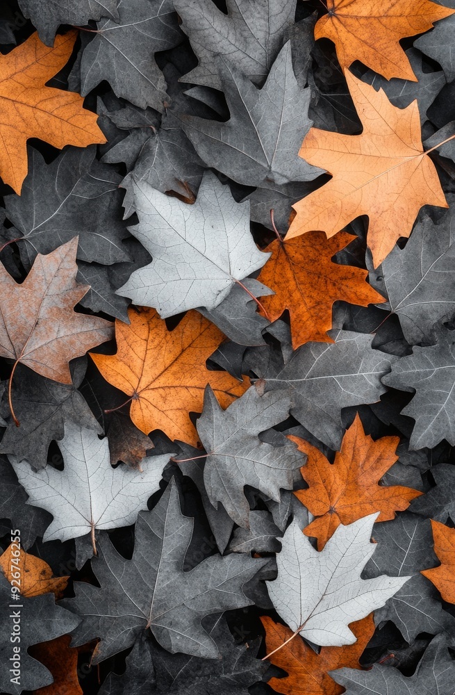 Dark leaves scattered on a surface with a single brown leaf in an artistic arrangement Dark leaves scattered on a surface with a single brown leaf in an artistic arrangement