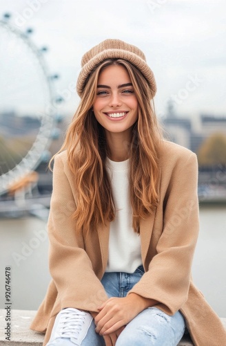 Young woman sitting by the river with a hat, showcasing autumn colors and cit...