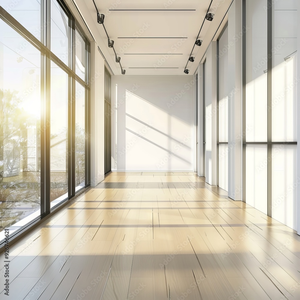 Blank wall in bright office mockup with large windows and sun passing through 3D rendering - Blank wall in bright office mockup with large windows and sun passing through 3D rendering -