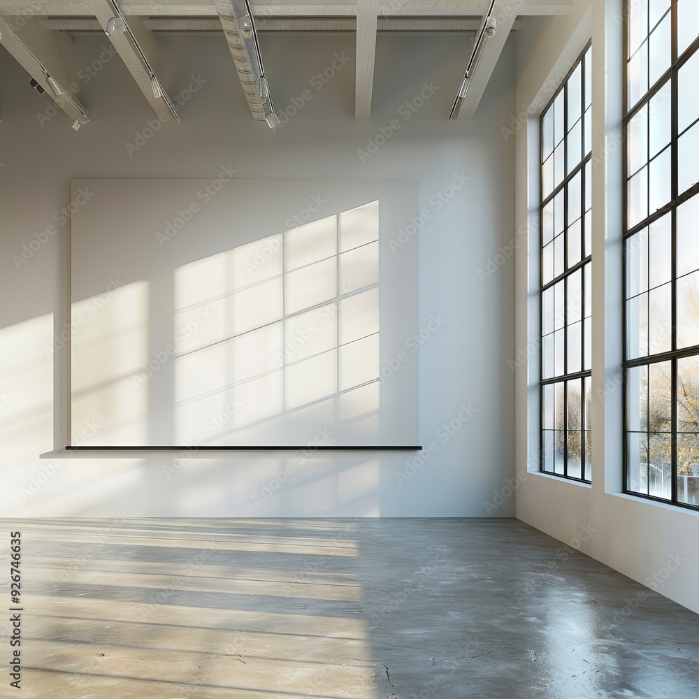 Blank wall in bright office mockup with large windows and sun passing through 3D rendering - Blank wall in bright office mockup with large windows and sun passing through 3D rendering -