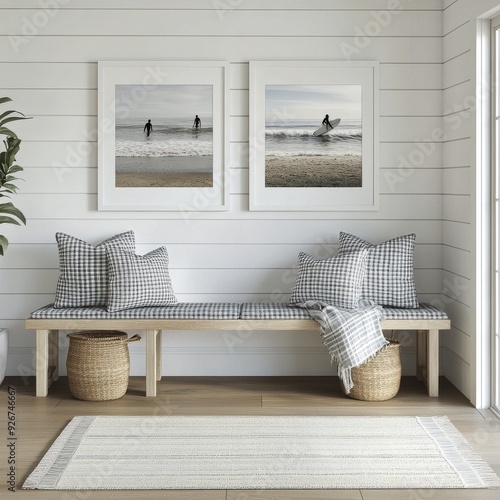 Modern beach house interior with benches, cushions, and coastal wall art photo