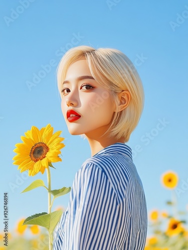 Young woman with short blonde hair holds sunflower against a blue background ...