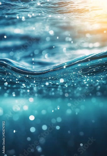 Sunlight sparkles on the surface of clear blue water in a tranquil underwater...