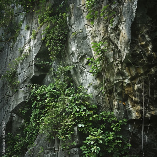 Calming walls of Phanga's cave formations overgrown with plantlife on rocky walls. photo