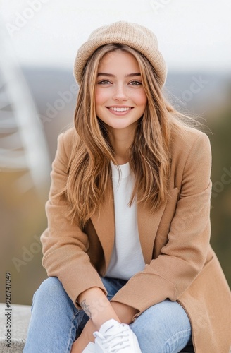 Young woman in a beige coat and beret smiling by the river with a ferris whee...