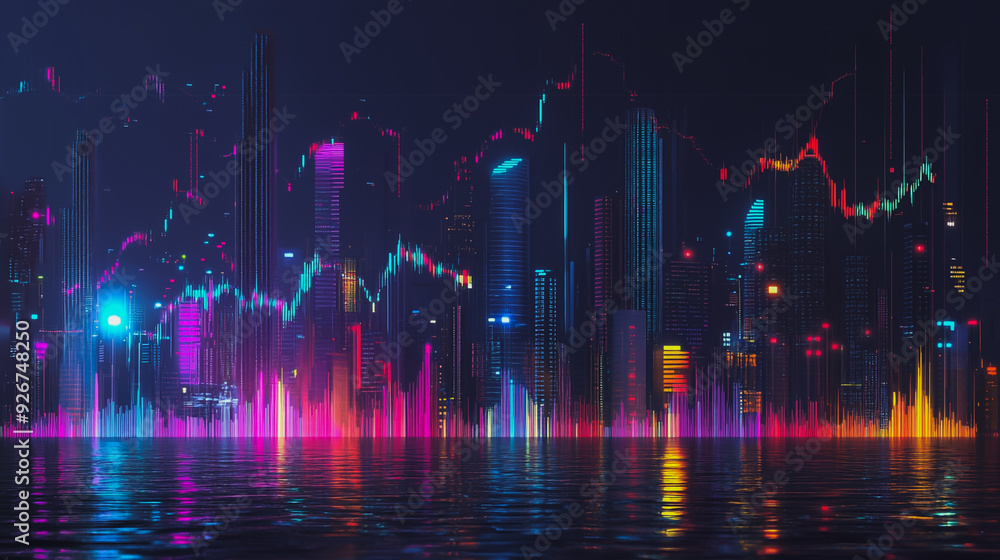 Abstract with pastel colorful charts and graphs with statistics to analyze business potential and forecast future development of companies growth. with city skyline and modern building background Abstract with pastel colorful charts and graphs with statistics to analyze business potential and forecast future development of companies growth. with city skyline and modern building background