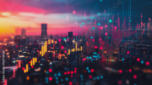 Abstract with pastel colorful charts and graphs with statistics to analyze business potential and forecast future development of companies growth. with city skyline and modern building background