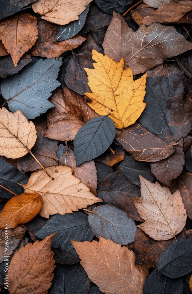 Dark leaves scattered on a surface with a single brown leaf in an artistic arrangement Dark leaves scattered on a surface with a single brown leaf in an artistic arrangement