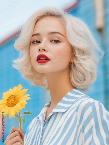 Young woman with short blonde hair holds sunflower against a blue background ...