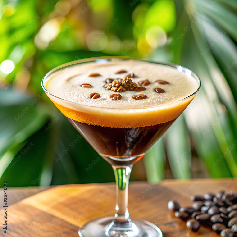 an Espresso Martini with a velvety foam top, close-up an Espresso Martini with a velvety foam top, close-up