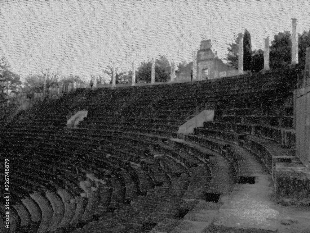 Fototapeta premium Roman amphitheater in village in Provence in winter