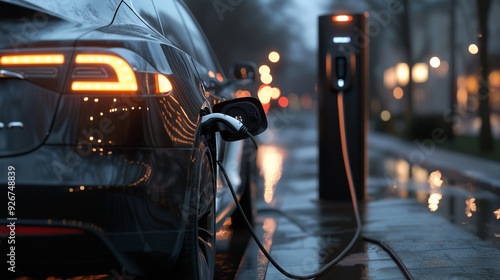 electric car connected to a charging station at night, with the focus on the car's charging port and the glow of the charging indicator, emphasizing the practicality and advancemen photo