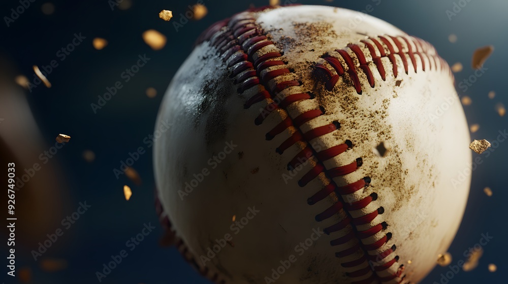 A close-up of a dirty baseball with a dark background, as dirt particles fly around it. A close-up of a dirty baseball with a dark background, as dirt particles fly around it.