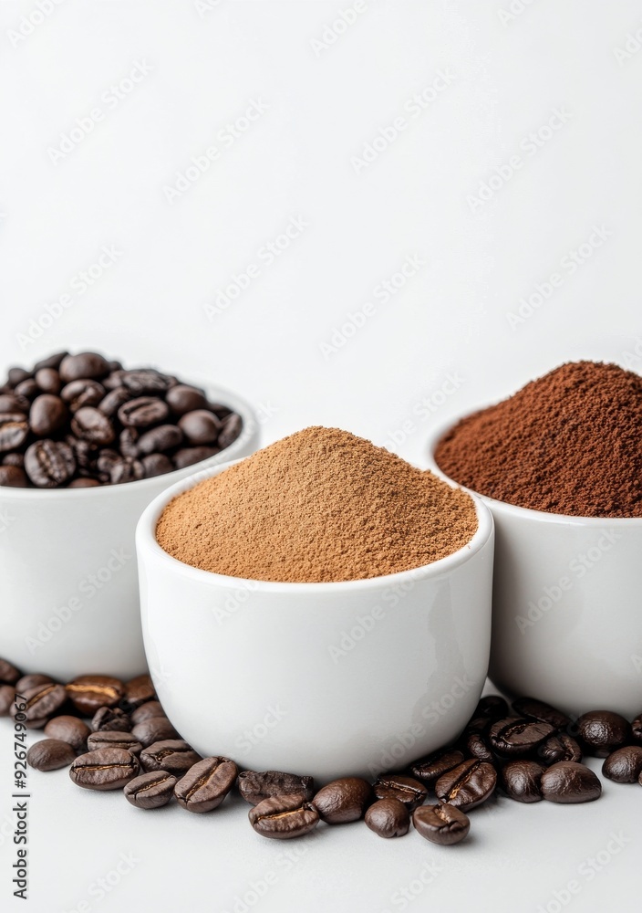 Various coffee beans and ground coffee displayed in bowls on a light background Various coffee beans and ground coffee displayed in bowls on a light background