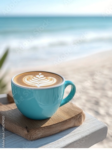 Coffee cup with latte art on wooden board by the beach during sunny weather